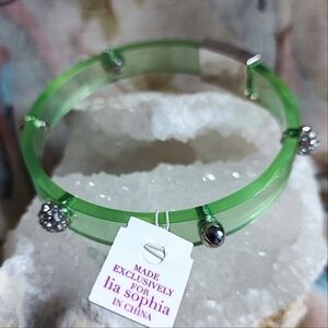 Lia Sophia Transparent Green Lucite Silver Tone Rhinestone Cuff Bangle Bracelet